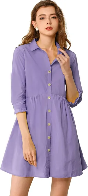 Allegra K Women's Business Casual Shirt Dress 3/4 Sleeve Button Down Work Summer Mini Dresses