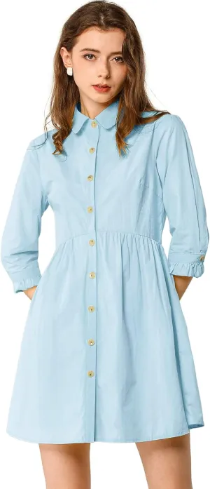 Allegra K Women's Business Casual Shirt Dress 3/4 Sleeve Button Down Work Summer Mini Dresses