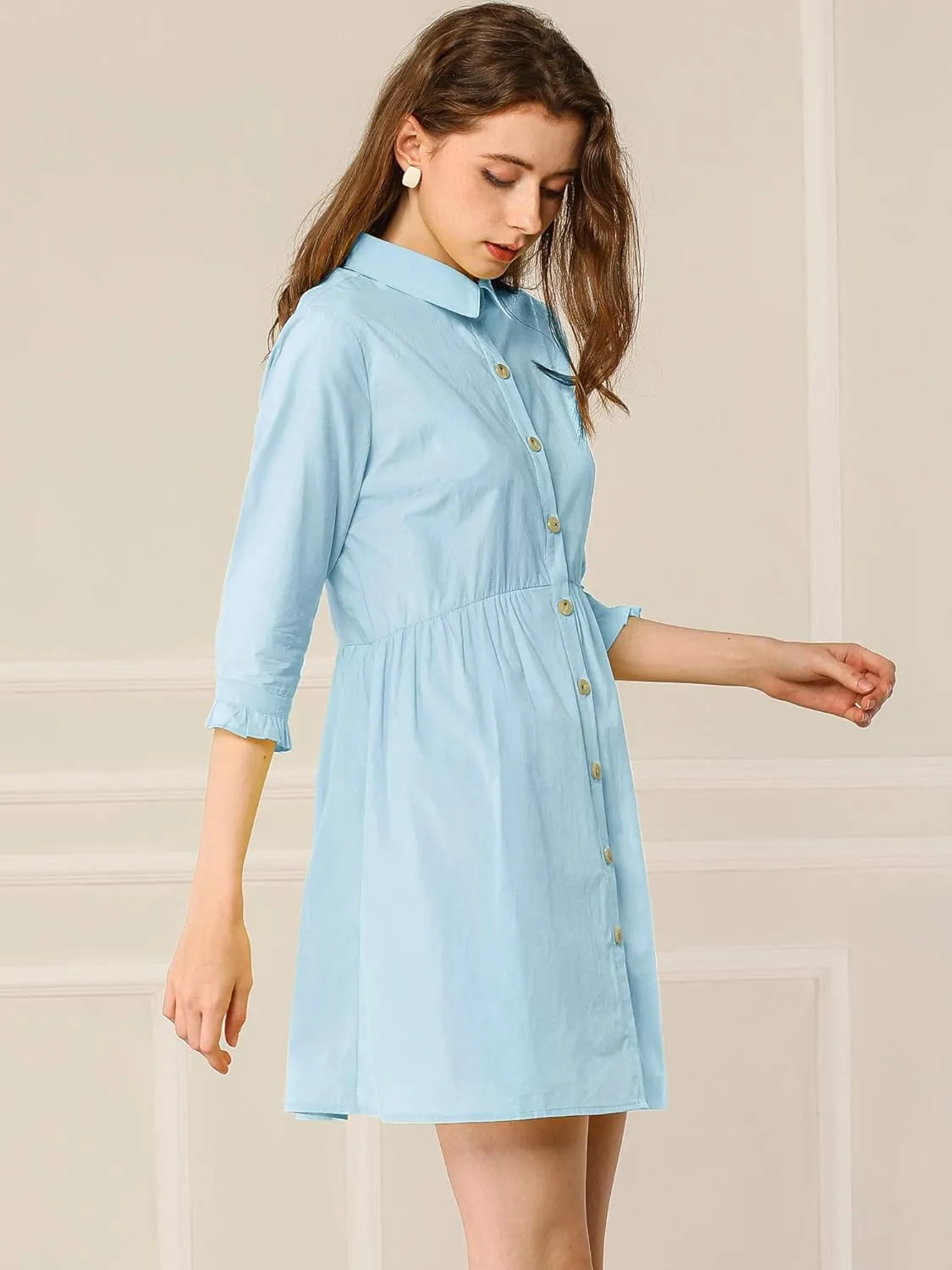Allegra K Women's Business Casual Shirt Dress 3/4 Sleeve Button Down Work Summer Mini Dresses