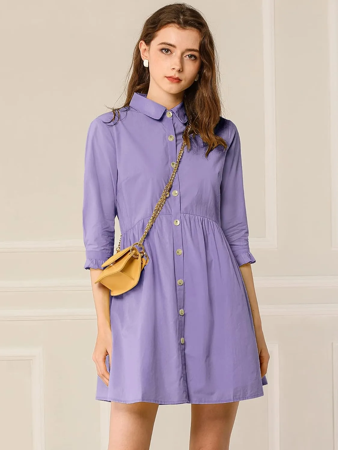Allegra K Women's Business Casual Shirt Dress 3/4 Sleeve Button Down Work Summer Mini Dresses
