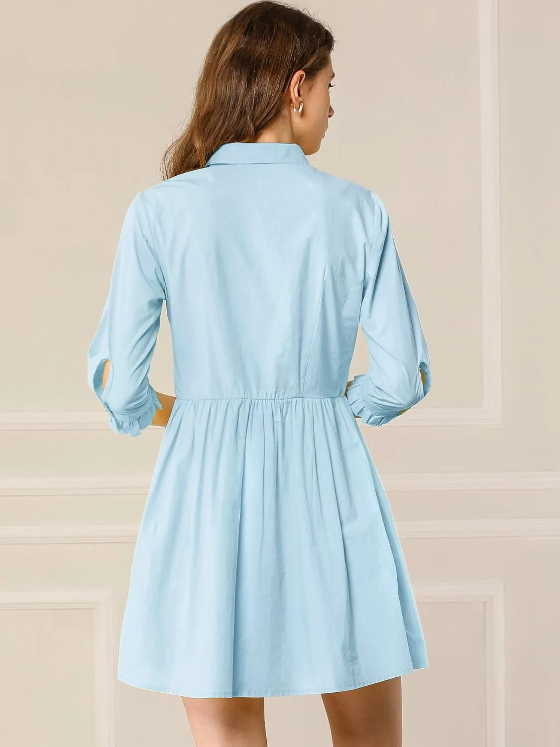 Allegra K Women's Business Casual Shirt Dress 3/4 Sleeve Button Down Work Summer Mini Dresses