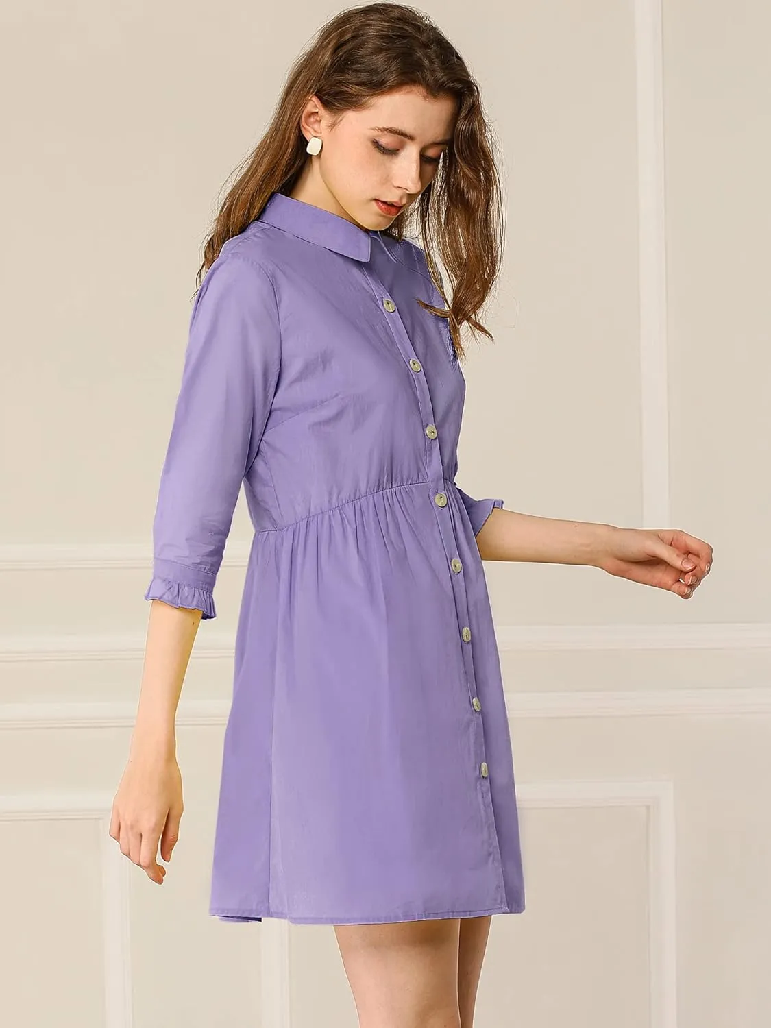 Allegra K Women's Business Casual Shirt Dress 3/4 Sleeve Button Down Work Summer Mini Dresses