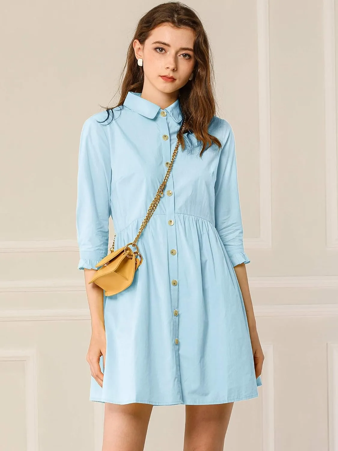 Allegra K Women's Business Casual Shirt Dress 3/4 Sleeve Button Down Work Summer Mini Dresses