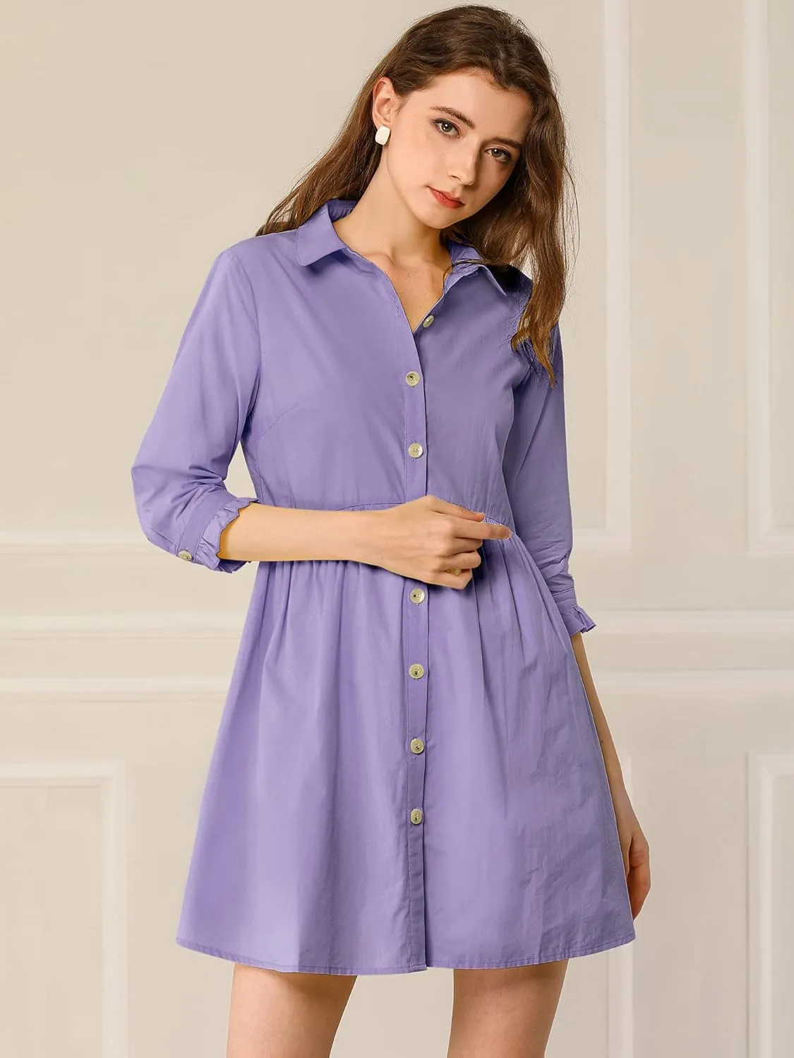 Allegra K Women's Business Casual Shirt Dress 3/4 Sleeve Button Down Work Summer Mini Dresses