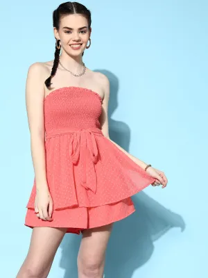 Berrylush Women Solid Pink Dobby Weave Off-Shoulder Neck Waist Tie-Up Smocked Mini Playsuit