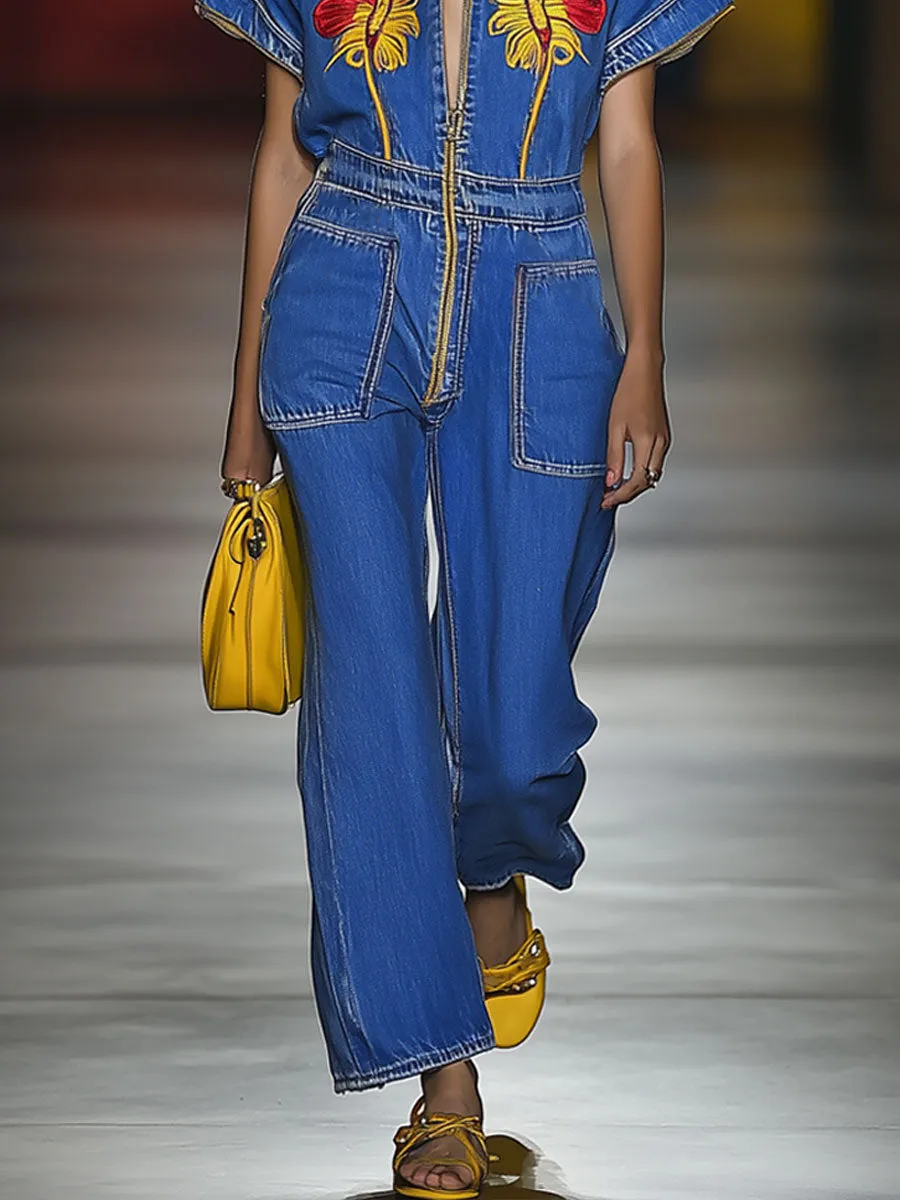 Casual Loose Retro Zipper Butterfly Embroidery Denim Short Sleeve Jumpsuit