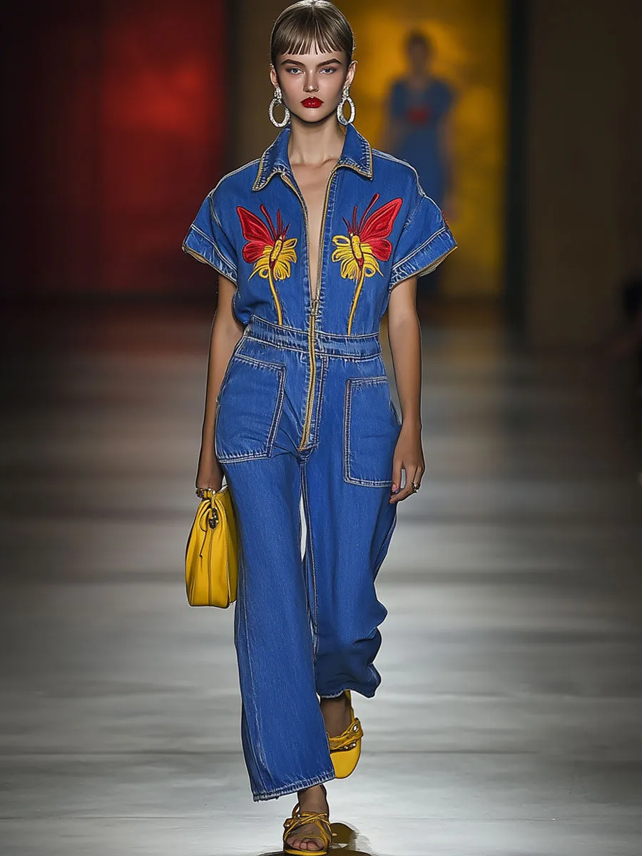 Casual Loose Retro Zipper Butterfly Embroidery Denim Short Sleeve Jumpsuit