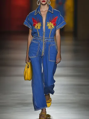 Casual Loose Retro Zipper Butterfly Embroidery Denim Short Sleeve Jumpsuit