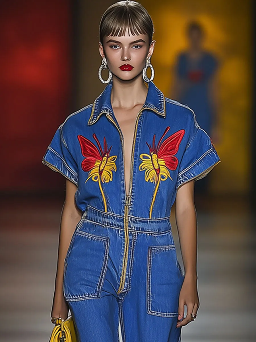 Casual Loose Retro Zipper Butterfly Embroidery Denim Short Sleeve Jumpsuit