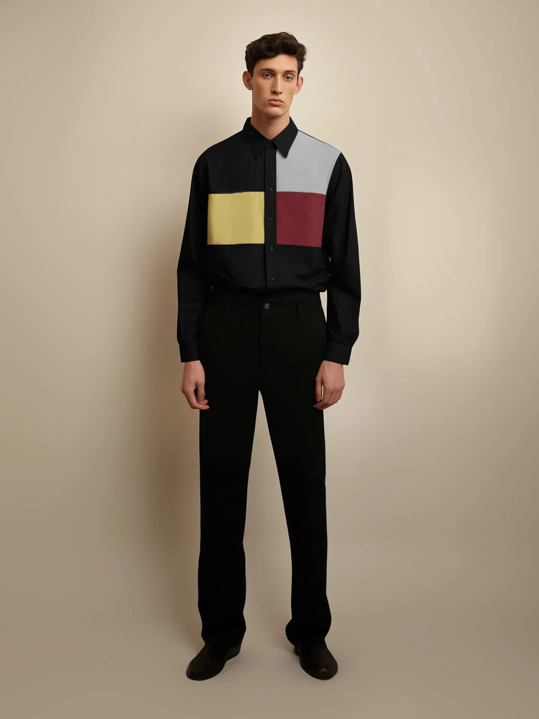 Colourblocked Spread Collar Cotton Semi-Formal Shirt