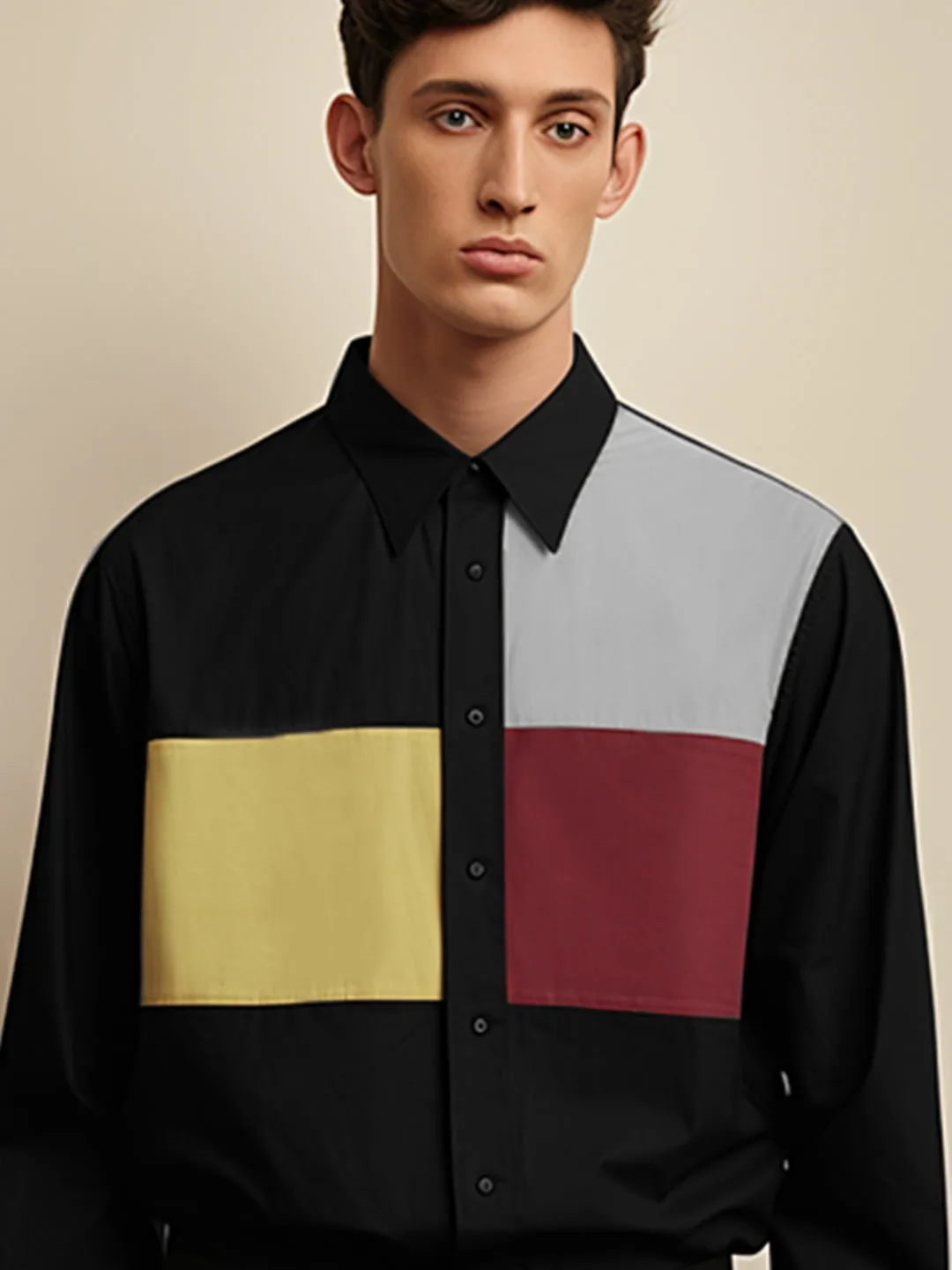 Colourblocked Spread Collar Cotton Semi-Formal Shirt