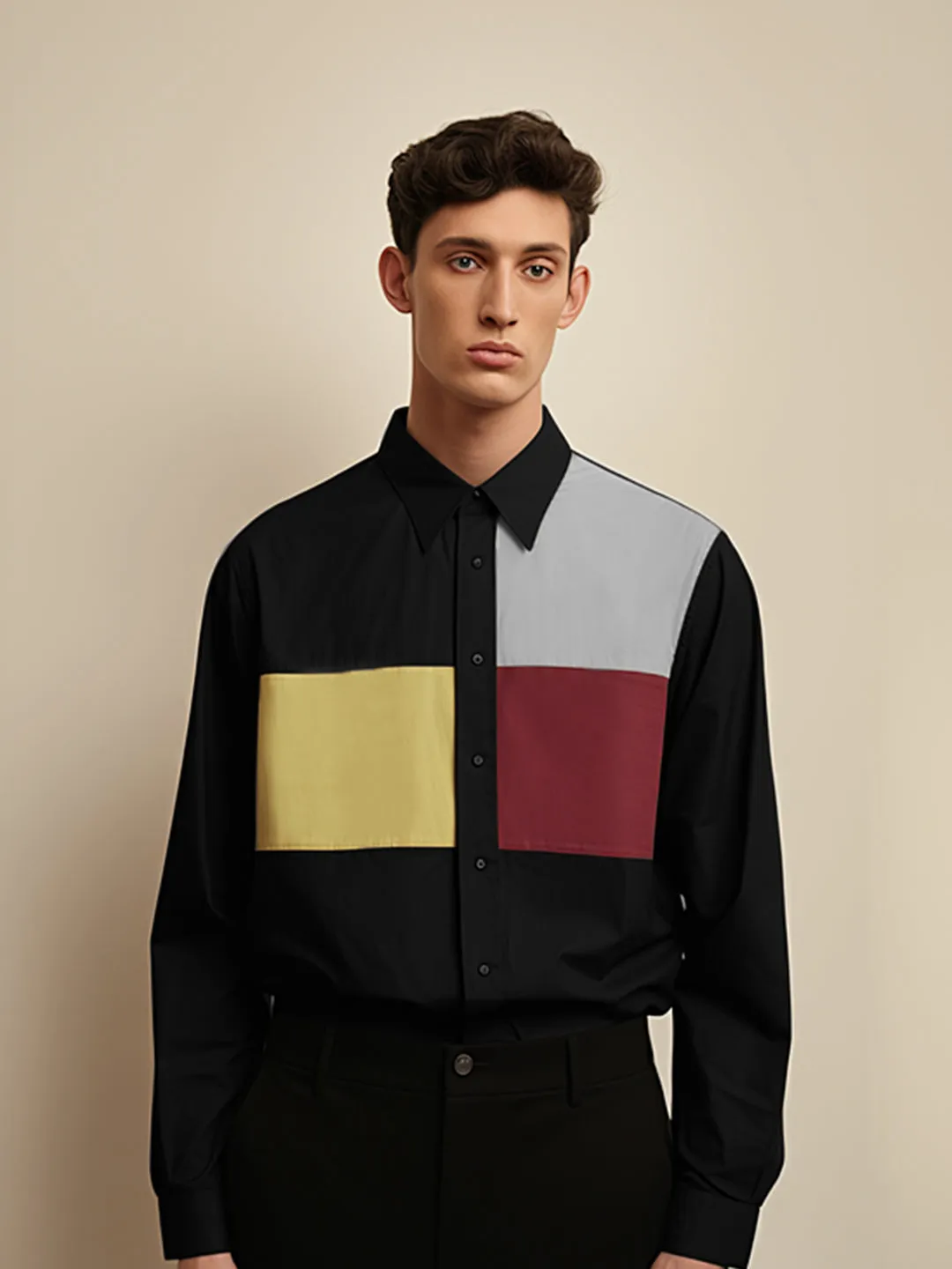 Colourblocked Spread Collar Cotton Semi-Formal Shirt