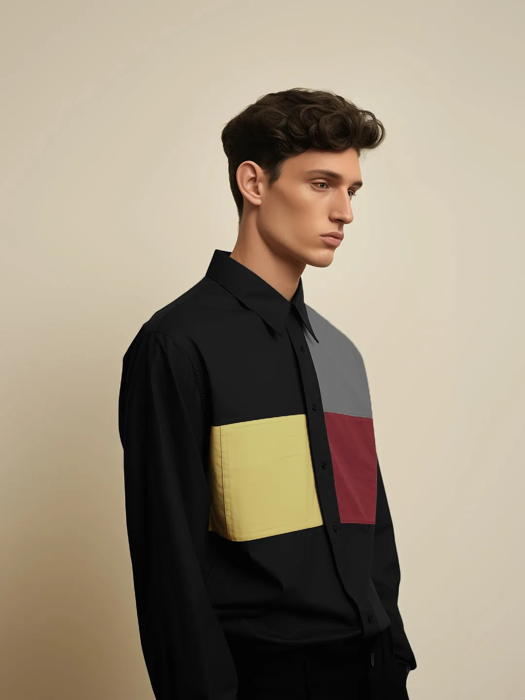 Colourblocked Spread Collar Cotton Semi-Formal Shirt