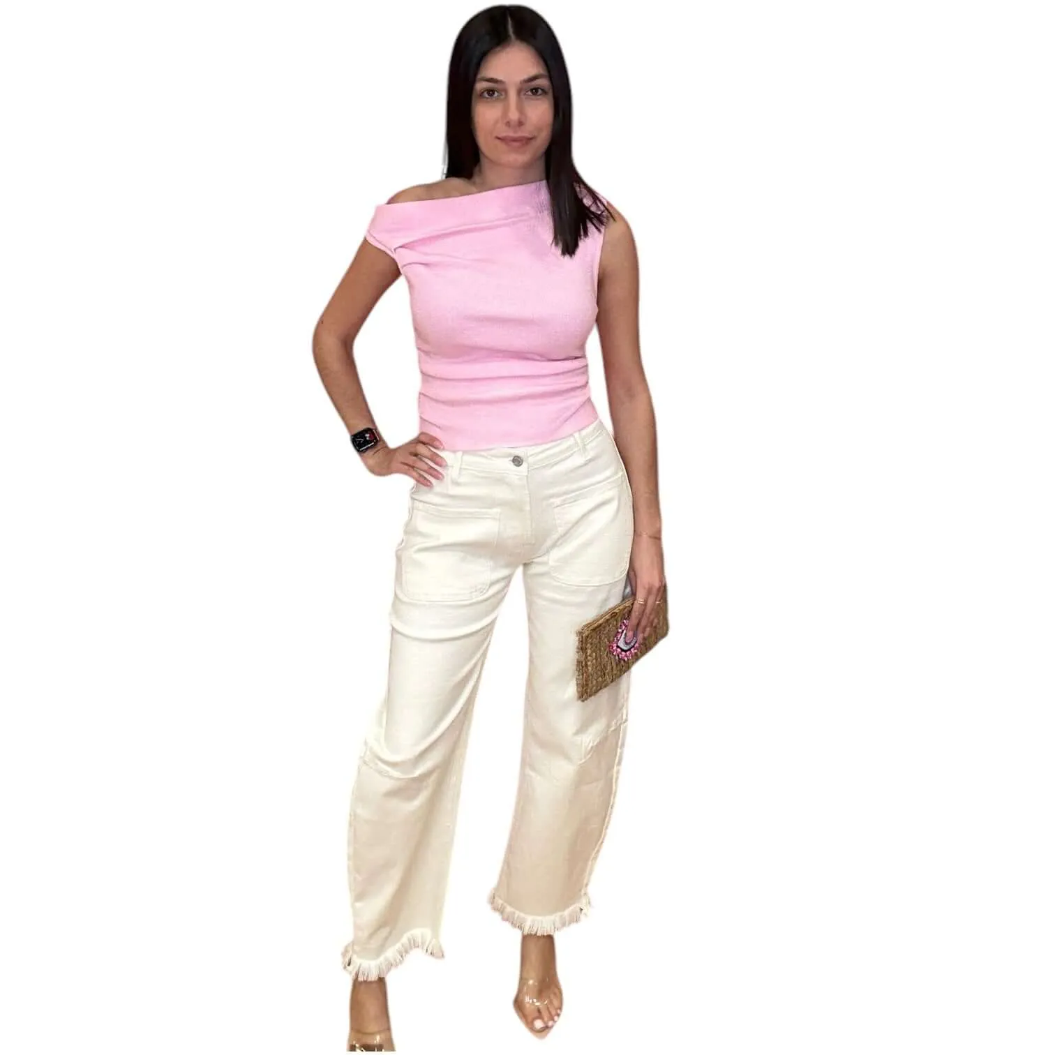 Comfy Stretch Fray Hem Barrel Jeans