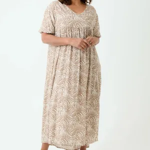 DREAMS ZEBRA PUFF SLEEVE DRESS STONE