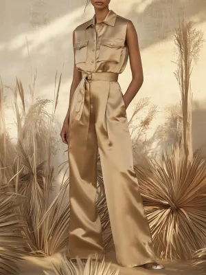 Fashionable And Simple Pocket Sleeveless Khaki Wide-Leg Jumpsuit
