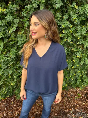 Flowy V Blouse- Navy