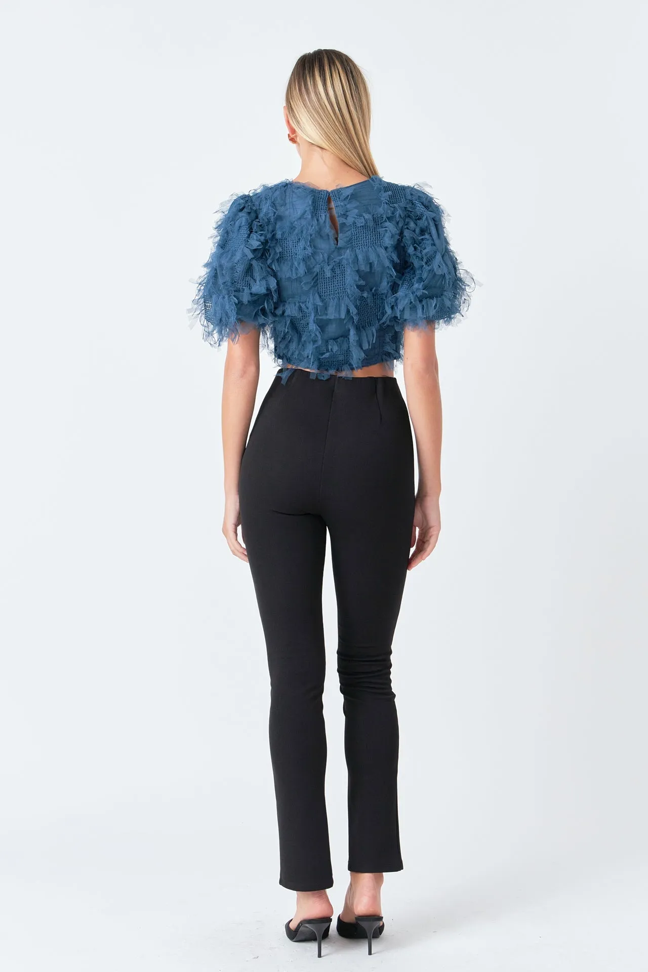 Gridded Mesh Feathered Cropped Top