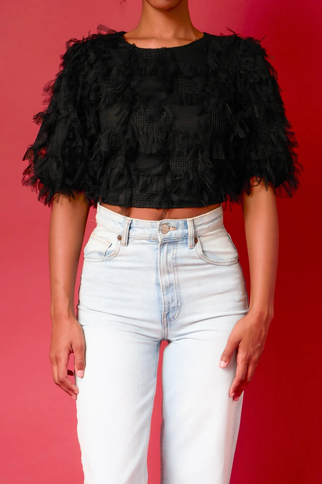 Gridded Mesh Feathered Cropped Top
