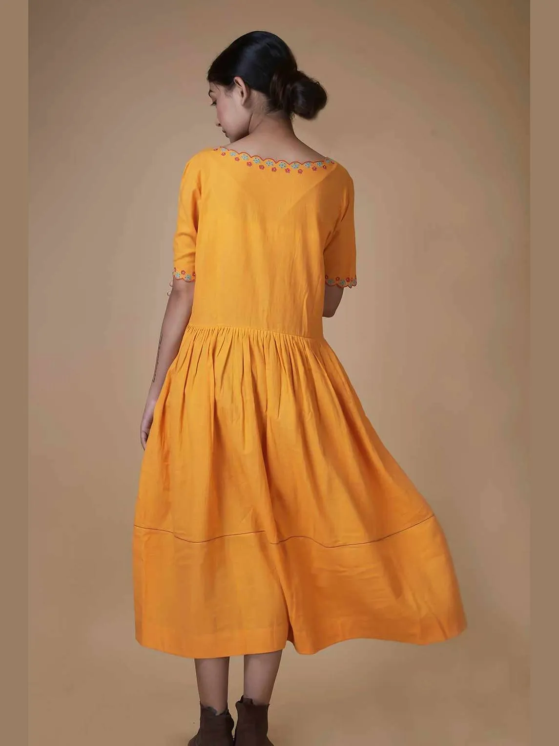 Hand Embroidered Cotton Dress Mustard