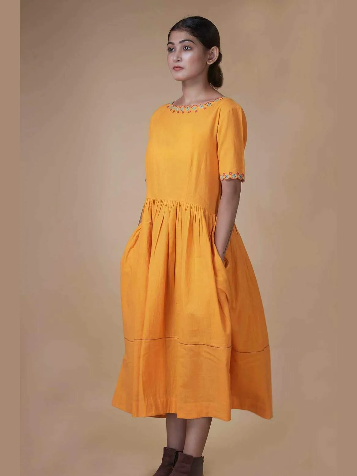 Hand Embroidered Cotton Dress Mustard