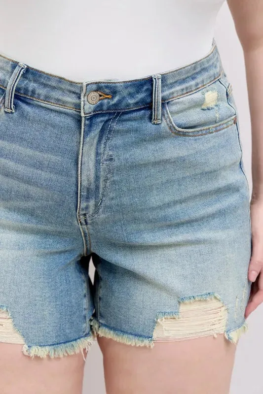 Judy Blue Plus Size High Rise Washed Fly Stitch Detail and Destroy Denim Shorts