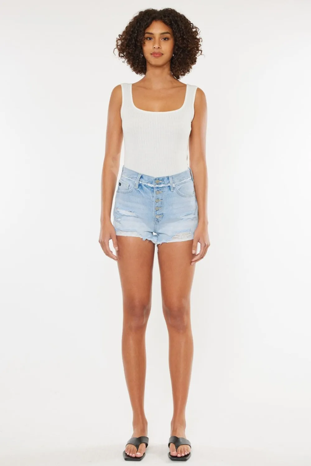 Kancan Distressed Button Fly Blue Denim Jean Shorts