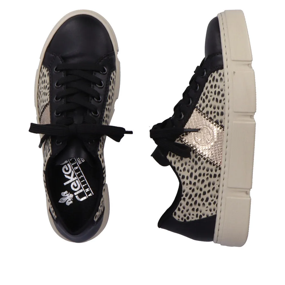 Ladies Rieker Lace Up Trainers Sneakers Black/Print/Beige N5910-62 sale