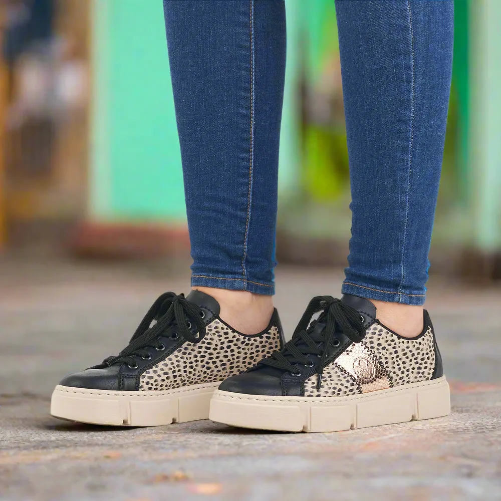 Ladies Rieker Lace Up Trainers Sneakers Black/Print/Beige N5910-62 sale
