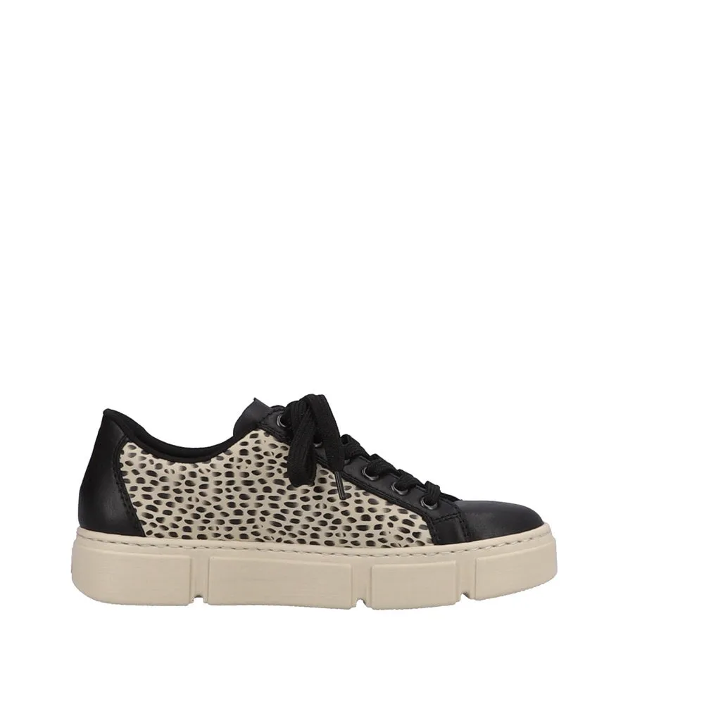 Ladies Rieker Lace Up Trainers Sneakers Black/Print/Beige N5910-62 sale