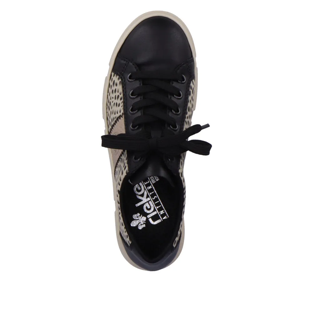 Ladies Rieker Lace Up Trainers Sneakers Black/Print/Beige N5910-62 sale