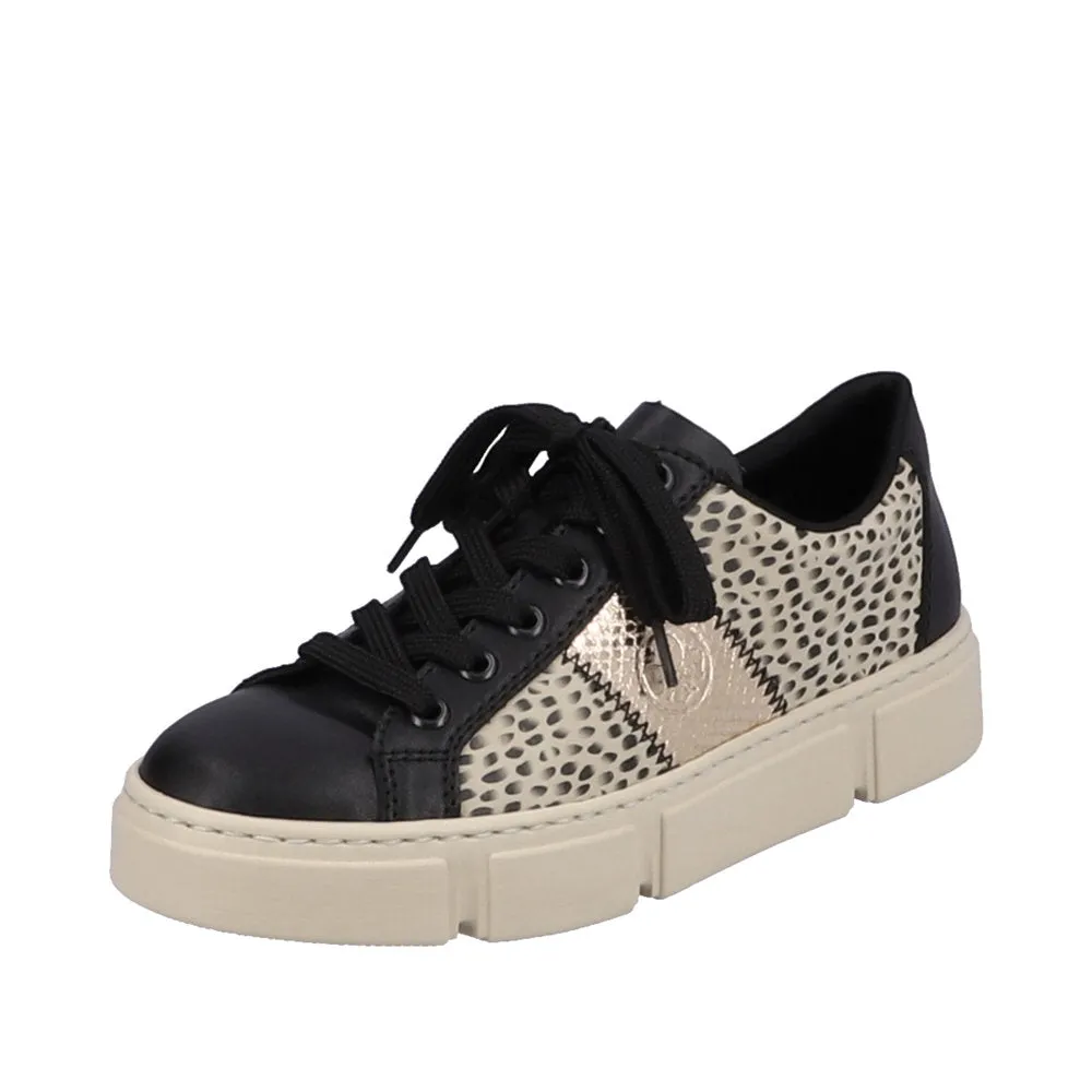 Ladies Rieker Lace Up Trainers Sneakers Black/Print/Beige N5910-62 sale