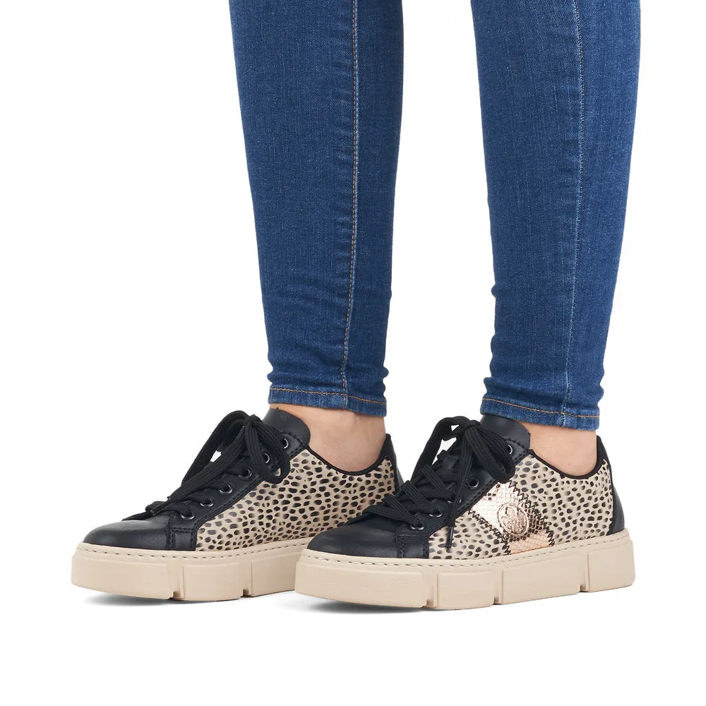 Ladies Rieker Lace Up Trainers Sneakers Black/Print/Beige N5910-62 sale