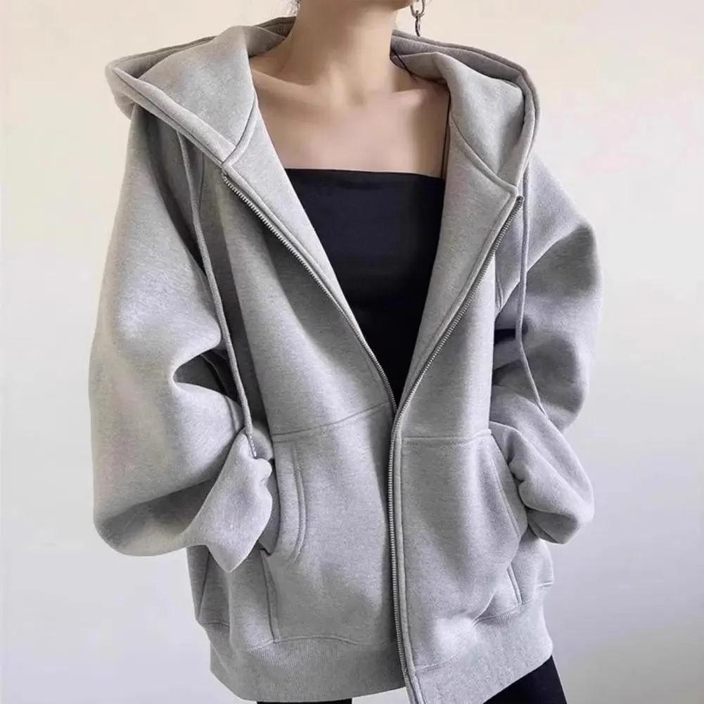 LVSANW Autumn Winter Warm Long Gray/Black Jacket With Hood Long Sleeve Big Pocket Zipper Jacket Coat Women Casual Outerwear Coat Tops