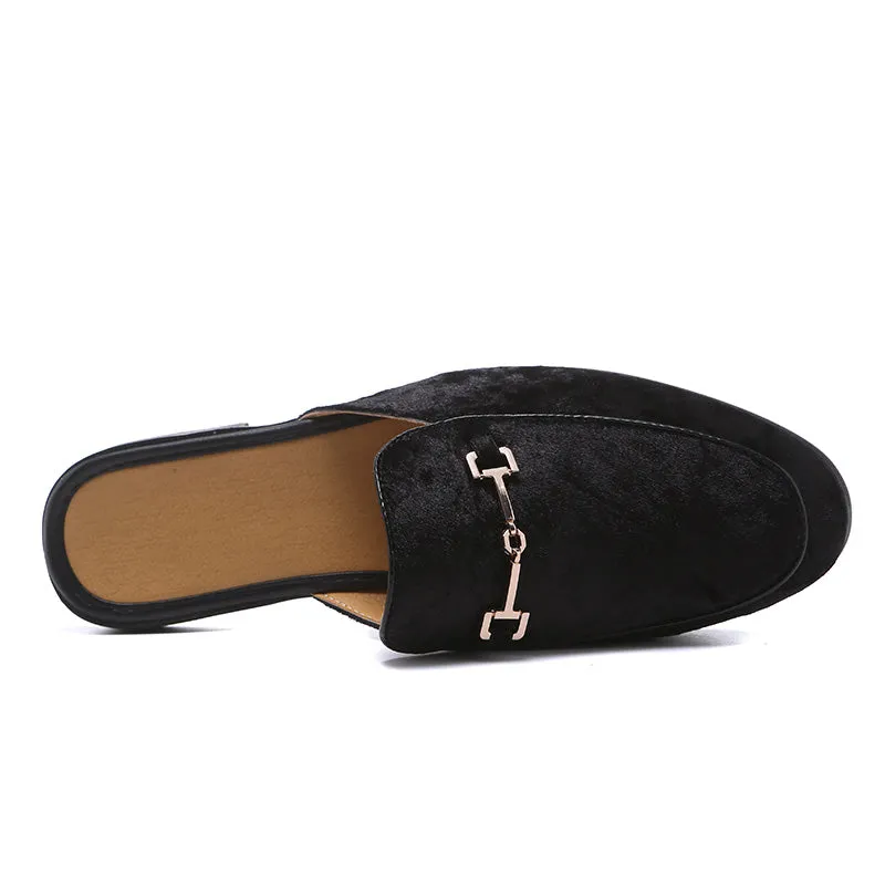 Men's High Fashion Backless Black Velvet Suede Buckle Loafers