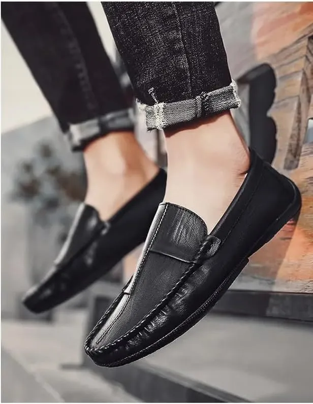 Mens Loafers Stitching Details Round Toe Moccasins Shoes Vegan Leather Lightweight Anti-Slip Flat Heel Wedding Casual Slip On