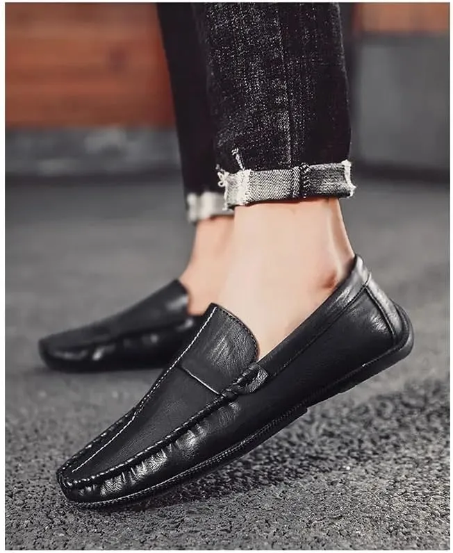 Mens Loafers Stitching Details Round Toe Moccasins Shoes Vegan Leather Lightweight Anti-Slip Flat Heel Wedding Casual Slip On