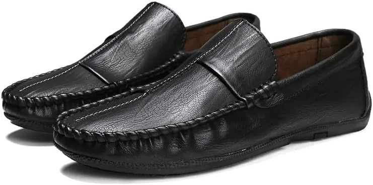 Mens Loafers Stitching Details Round Toe Moccasins Shoes Vegan Leather Lightweight Anti-Slip Flat Heel Wedding Casual Slip On