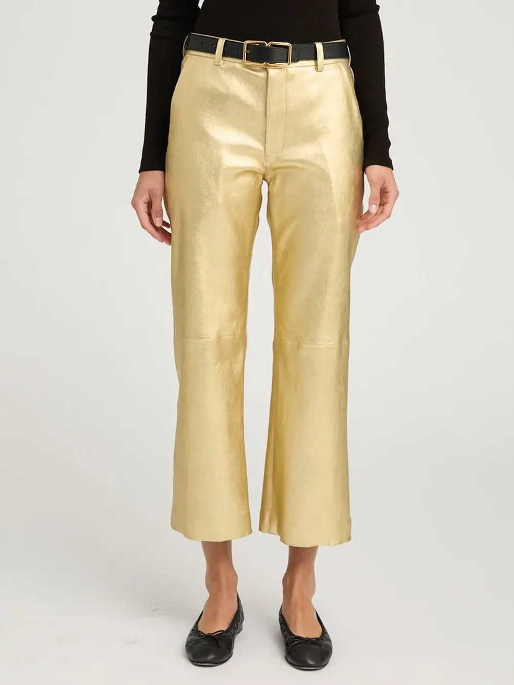 Metallic Gold Leather Cropped Trousers