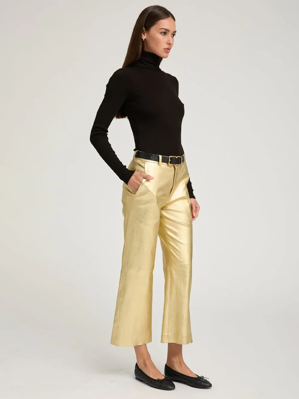 Metallic Gold Leather Cropped Trousers