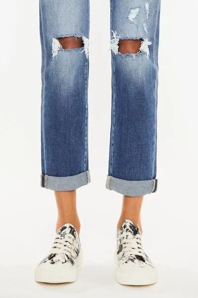 Rebel High Waist Distressed Hem Detail Cropped Straight Jeans