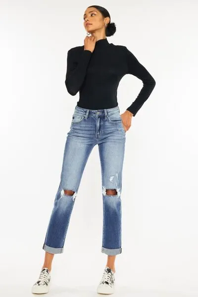 Rebel High Waist Distressed Hem Detail Cropped Straight Jeans