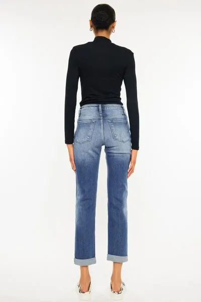 Rebel High Waist Distressed Hem Detail Cropped Straight Jeans