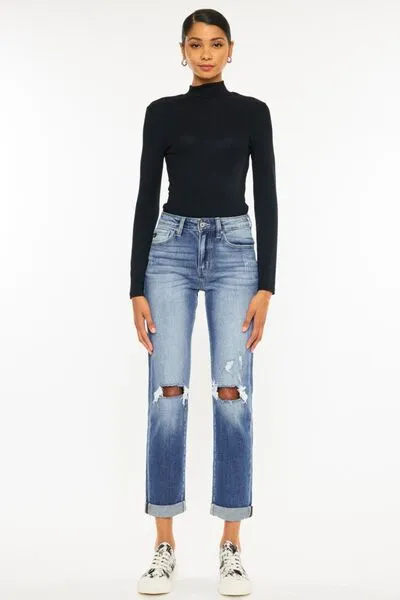 Rebel High Waist Distressed Hem Detail Cropped Straight Jeans