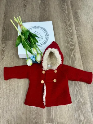 Red Knit Baby Jacket with Fleece Hood and Wooden Buttons