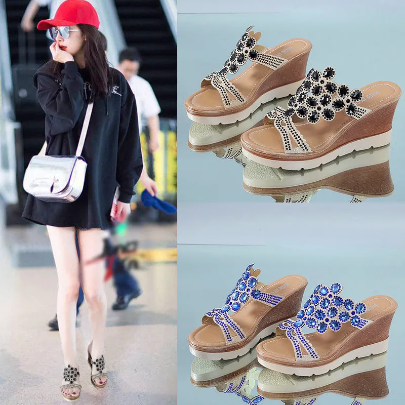 Rhinestone Platform Sandals with Slope Heels