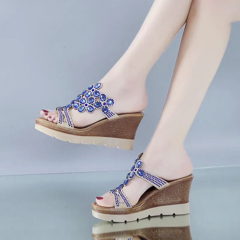 Rhinestone Platform Sandals with Slope Heels