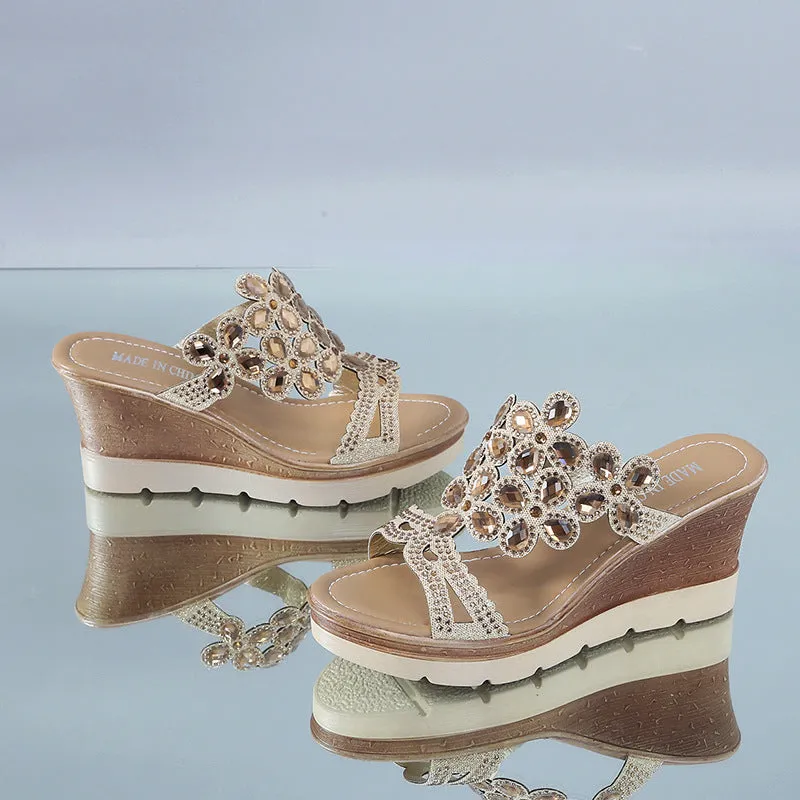 Rhinestone Platform Sandals with Slope Heels
