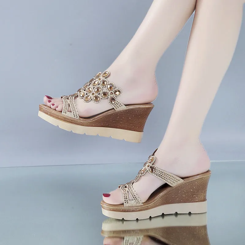 Rhinestone Platform Sandals with Slope Heels