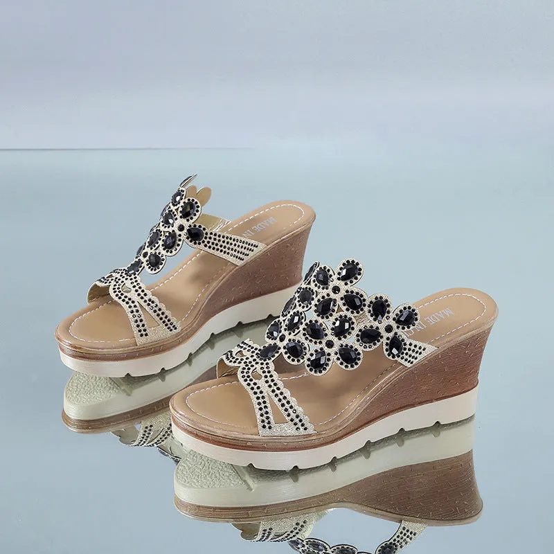 Rhinestone Platform Sandals with Slope Heels
